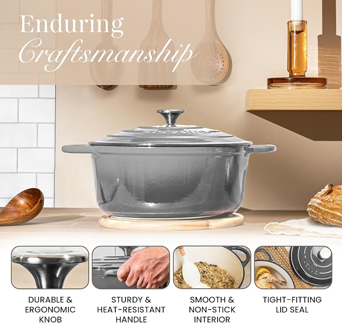Cast Iron Pot with Lid-Non-Stick Ovenproof Enamelled Casserole Pot, Oven Safe up to 500° F-Sturdy Dutch Oven Cookware - Grey, 5-Quart, 24cm-by Nuovva