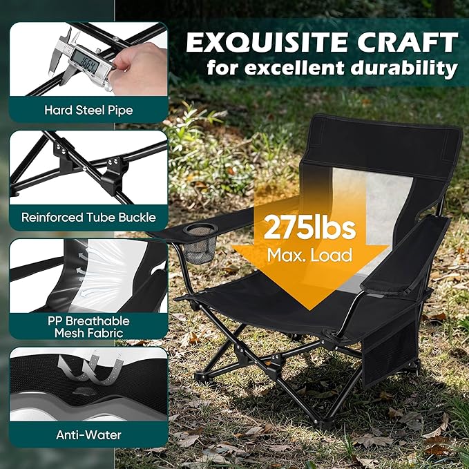 HaSteeL Low Beach Chair Set of 2, Foldable Black Camping Chair with Adjustable Umbrella Set for Adults, Lightweight Portable Lawn Chairs for Fishing, Picnic, Outdoor BBQ, Travel, Sports