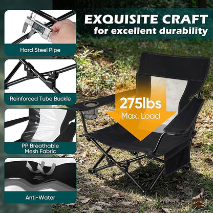 HaSteeL Low Beach Chair Set of 2, Foldable Black Camping Chair with Adjustable Umbrella Set for Adults, Lightweight Portable Lawn Chairs for Fishing, Picnic, Outdoor BBQ, Travel, Sports