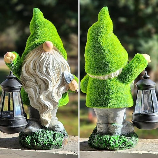 TERESA'S COLLECTIONS Christmas Outdoor Statue for Home, Resin Gnome Decorations with Solar Outdoor Lights for Garden Decor,Green Garden Sculptures & Statues for Front Patio Lawn, Gifts for Mom,8"