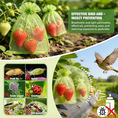 50 Pcs Drawstring Fruit Protection Bags, 4×6 Inch Green Mesh Fruit Net Covers, Anti-Bird Anti-Insect Garden Protective Bags for Fruit Tree, Tomato, Strawberry, Apple, Cherry, Grapes and Vegetables