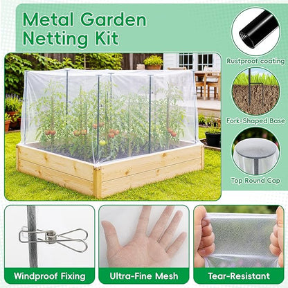 Metal Garden Netting Covers Kit for Raised Beds, 6 Pack 5.2FT Garden Poles Support Stakes with 10×13FT Insect Pest Barrier Plant Netting Mesh & 12 Clips for Vegetable Fruit Flower Garden Protection