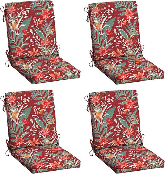 Arden 4-Pack earthFIBER Outdoor Patio Dining Chair Cushion, 20x44, Rain-Proof Seat Pad, Fade-Resistant Outdoor Cushion Luau Red Tropical Floral
