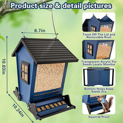 Squirrel Proof Bird Feeders for Outdoors Hanging, 5LB Capacity Metal Wild Birdfeeders Outside Hanging, Cardinal Bird Feeder Squirrel Proof as Various Finch Feeders for Outside (Blue)