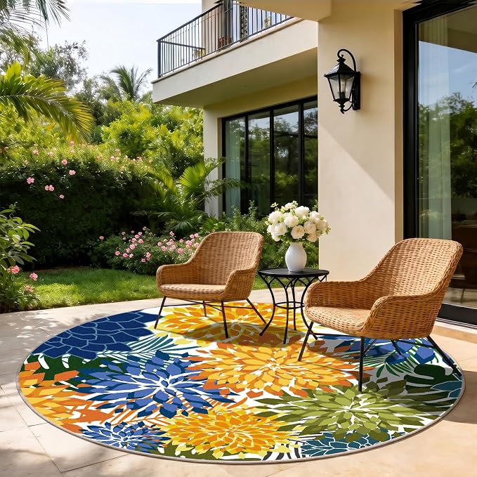 ZonLi Colorful Outdoor Rug 6x6Ft Waterproof Multicolored Indoor Area Rug Washable Outdoor Patio Rugs Tropical Floral Non Slip Outdoor Carpet for Living Room, Pool,Backyard,Deck,Camping