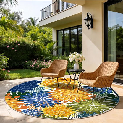 ZonLi Colorful Outdoor Rug 6x6Ft Waterproof Multicolored Indoor Area Rug Washable Outdoor Patio Rugs Tropical Floral Non Slip Outdoor Carpet for Living Room, Pool,Backyard,Deck,Camping