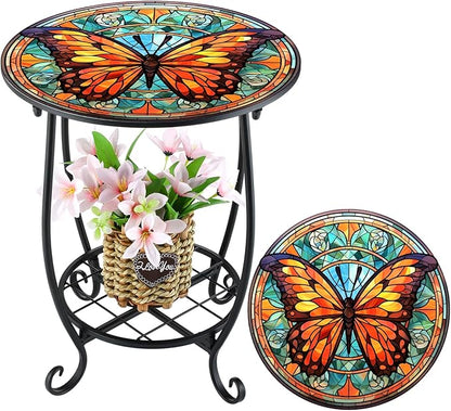Cinnvoice Outdoor Side Table Round Small Mosaic Patio Accent Indoor End Plant Coffee Tea Table for Yard Patio Porch Garden Living Room, Bedroom(Butterfly B Style,18 Inch)
