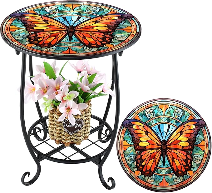 Cinnvoice Outdoor Side Table Round Small Mosaic Patio Accent Indoor End Plant Coffee Tea Table for Yard Patio Porch Garden Living Room, Bedroom(Butterfly B Style,14 Inch)
