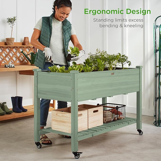 Best Choice Products Raised Garden Bed 48x24x32-inch Mobile Elevated Wood Planter w/Lockable Wheels, Storage Shelf, Protective Liner - Sage