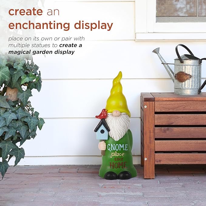 Alpine Corporation 24" Tall Outdoor Yellow Hat Place Like Home Gnome Statue Holding Bird House, Weatherproof Garden Decor