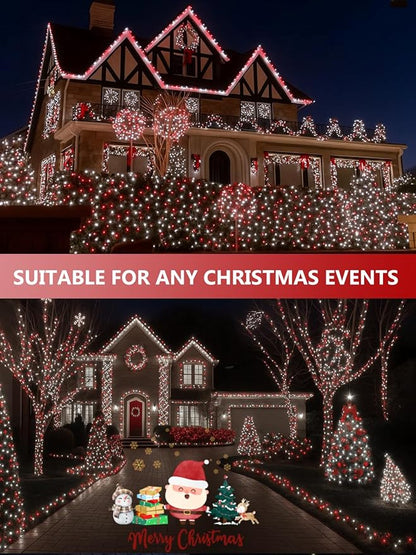 4 Pack Red and White Solar Christmas Lights Outdoor Waterproof, 132FT 400LED Solar String Lights Green Wire Fairy Lights, Solar Twinkle Lights with 8 Lighting Modes for Xmas Garden Decorations