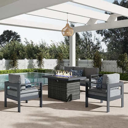 LayinSun Aluminum Furniture Set with Fire Pit Table, 4 Pieces Patio Sectional Conversation Chat Sofa Modern Seating Set