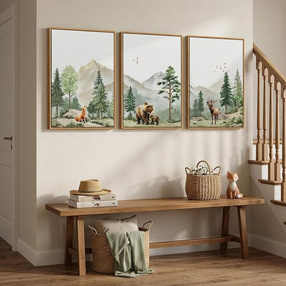 Framed Rustic Forest Animal Wall Art, 3 Piece Nature Landscape Deer Bear Fox Canvas Artwork for Modern Farmhouse, Watercolor Wildlife Woodland Painting Prints for Living Room Bedroom Nursery, 16x24