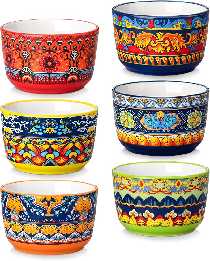 vancasso Ramekins 6 oz Oven Safe, Bohemian Style Creme Brulee Ramekin Set of 6, Porcelain Souffle Dishes Pudding Custard Cups for Baking Ramiken Bowls for Ice Cream