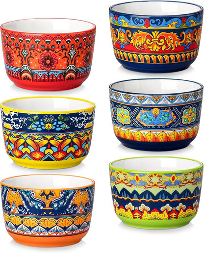 vancasso Ramekins 6 oz Oven Safe, Bohemian Style Creme Brulee Ramekin Set of 6, Porcelain Souffle Dishes Pudding Custard Cups for Baking Ramiken Bowls for Ice Cream