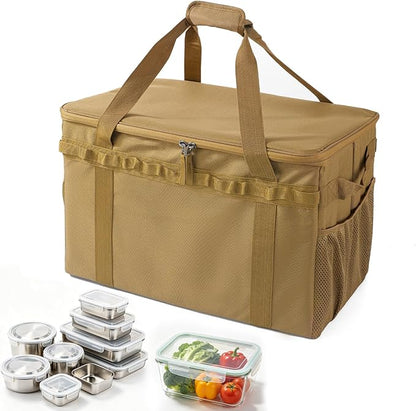 Tactical Camping Storage Bag, Utility Camping Tote Kitchen Organizer Storage Box, Trunk Organizer with Shoulder Strap,Outdoor Garden Tool Bag for Camping, Travel, Picnic (03-khaki)