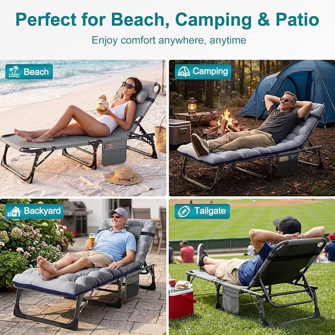 ABORON Tanning Chairs, 2 Pack, 5-Position Padded Folding Loungers | Set of 2 folding chaise lounges with 5-position backs, padded mats and pillows; supports up to 500 lb per chair.
