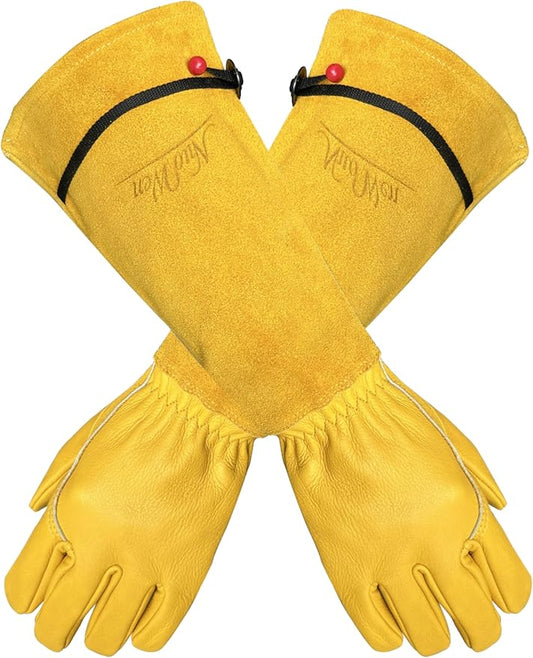 Heavy Duty Long Leather Garden Gloves Thorn and Cut Proof Garden Work Gloves (Yellow 2, Extra Large)