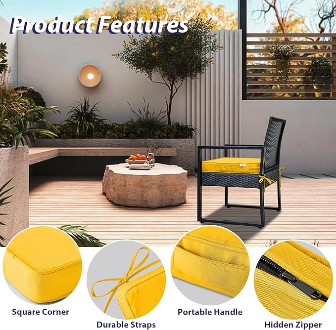 Outdoor Chair Cushions Set of 4,Waterproof Outdoor Seat Cushions for Patio Furniture,Patio Chair Cushion with Handle and Ties, Square Out Door Chair Pads,18.5" x 16" x 3", Yellow