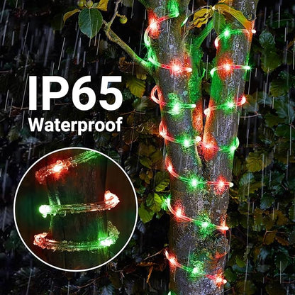 Solar Rope Lights, 2 Packs Total 66ft 200LED Solar String Lights, 8 Modes Waterproof Solar Powered Outdoor Light, Flexible Clear Tube Light for Garden Yard Patio Deck Porch Tree Xmas Decor -Red &Green