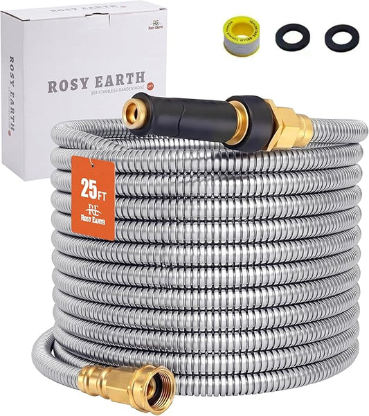 Rosy Earth Metal Garden Hose 25 FT - 304 Stainless Steel Water Hose 25 FT - Expandable Short Flexible Garden Hose,no Kink Explosion, no Bite