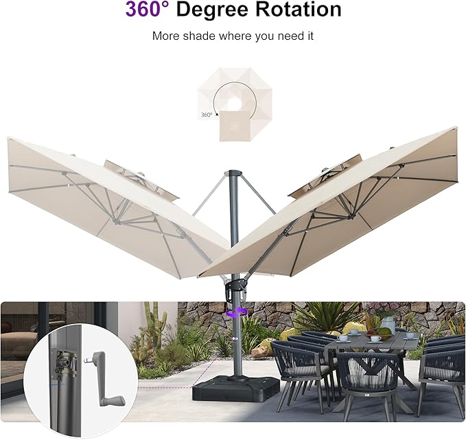 PURPLE LEAF Sunbrella Patio Umbrella 10' X 13' Outdoor Patio Rectangular Double Top Large Heavy Duty 360° Rotation Offset Umbrella for Outside Deck Backyard Garden Pool Spectrum Sand