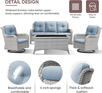Patio Furniture 4 Piece, All-Weather PE Wicker Outdoor Furniture Set with Coffee Table,Outdoor Patio Furniture with Swivel Rocker Chairs and Outdoor Sofa, White Grey/Blue