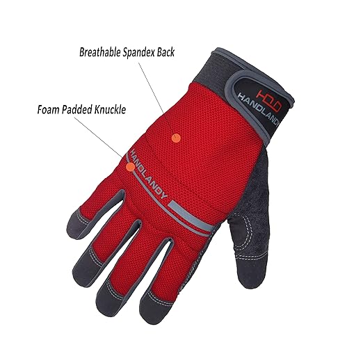 HANDLANDY Work Gloves Men & Women, Utility Safety Working Gloves Touch Screen, Flexible Breathable Yard Work Gloves (Extra Large, Red)