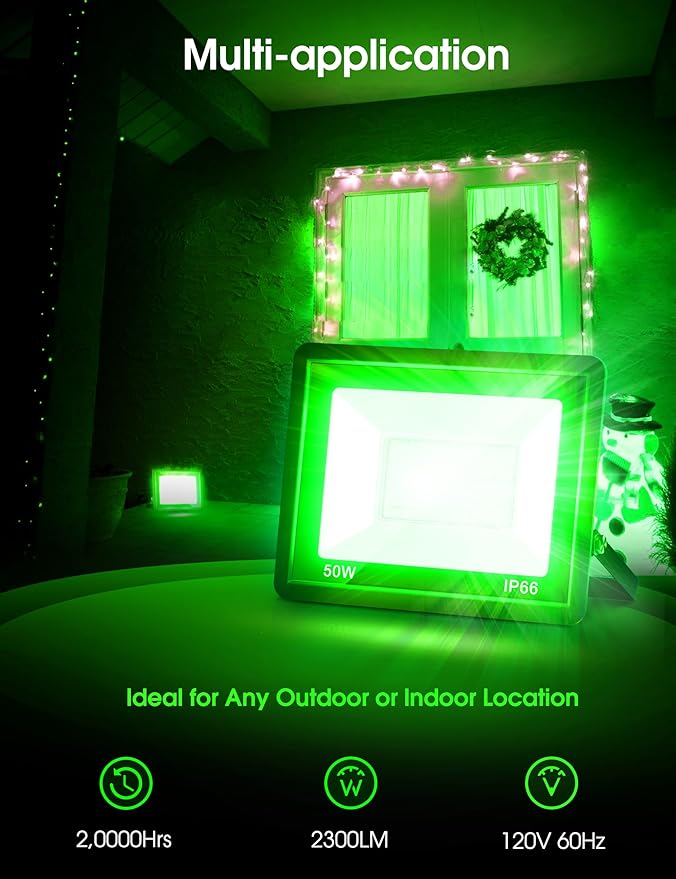 L LOHAS LED Green Christmas Flood Light Outdoor, 𝑫𝒖𝒔𝒌 𝒕𝒐 𝑫𝒂𝒘𝒏 50W Plug in Flood Light, IP66 Waterproof Christmas Decorations, 2300lm Christmas Lights for Yard, Garage, Party UL Listed 2 Pack