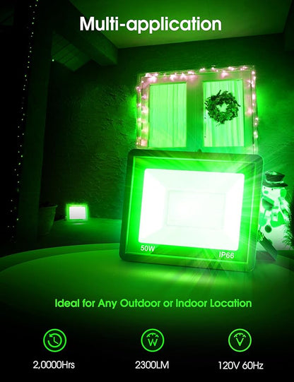 L LOHAS LED Green Christmas Flood Light Outdoor, 𝑫𝒖𝒔𝒌 𝒕𝒐 𝑫𝒂𝒘𝒏 50W Plug in Flood Light, IP66 Waterproof Christmas Decorations, 2300lm Christmas Lights for Yard, Garage, Party UL Listed 2 Pack