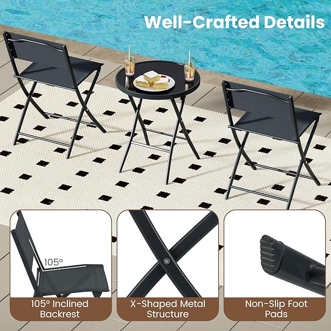 Tangkula 3 Piece Folding Bistro Set, Patio Dining Furniture with Breathable Fabric Seat & Tempered Glass Tabletop, Outdoor Metal Frame Table & Chairs Set for Backyard, Garden, Balcony