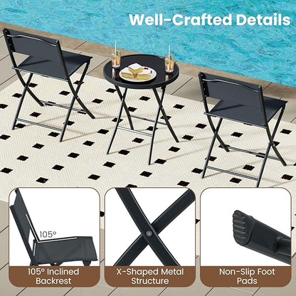 Tangkula 3 Piece Folding Bistro Set, Patio Dining Furniture with Breathable Fabric Seat & Tempered Glass Tabletop, Outdoor Metal Frame Table & Chairs Set for Backyard, Garden, Balcony
