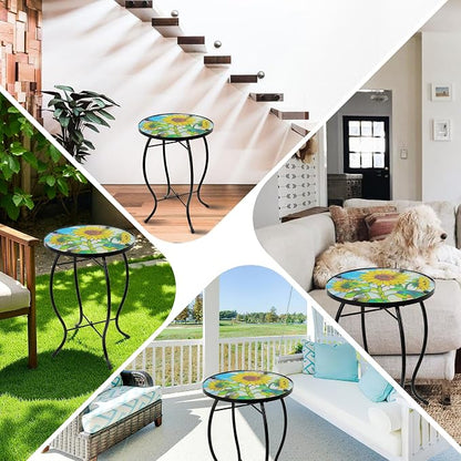 Small Side Table with Metal Frame, 10.5" Round Side Tables with Sunflower Pattern,Outdoor Table for Balcony,Terrace,Garden,Living Room