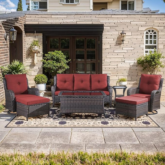 Wicker Patio Furniture-7 Pieces Rattan Patio Furniture Set Outdoor Patio Couch with Swivel Patio Chairs Ottomans and Coffee Table for Deck Poolside Backyard-Brown/Red
