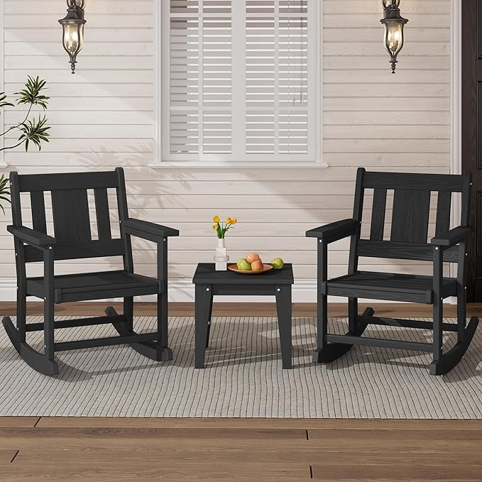 SERWALL Outdoor Rocking Bistro Set, HDPE Patio Furniture Set, Porch Rocking Chair Set with Table for Backyard, Balcony, and Garden- Black