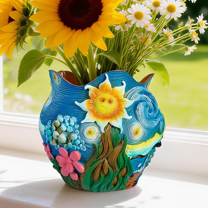 Sunflower Starry Sky Plant Pots-Cute Unique Flower Pots with Drainage Hole, Resin Planters for Indoor Outdoor Succulent Planter, Plant Gifts for Mother's Day, Birthday, Christmas(Colours)