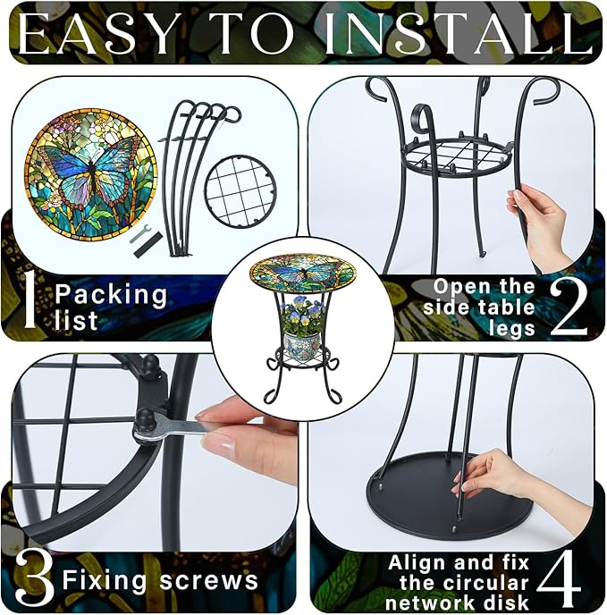 Cinnvoice Outdoor Side Table 2-Tier Round Small Mosaic Patio Accent Indoor End Plant Coffee Tea Table for Yard Patio Porch Garden Living Room, Bedroom(Butterfly Style,14 Inch)