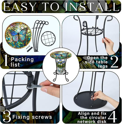 Cinnvoice Outdoor Side Table 2-Tier Round Small Mosaic Patio Accent Indoor End Plant Coffee Tea Table for Yard Patio Porch Garden Living Room, Bedroom(Butterfly Style,14 Inch)