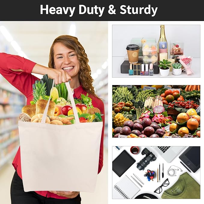 Segarty Canvas Bag with Zipper, 6 Pack 18x15in Blank Canvas Tote Bags for Women, Reusable Tote Bags Aesthetic with Natural Cotton Cloth, Shoulder Strap, Bulk for DIY Grocery Beach Travel Gift