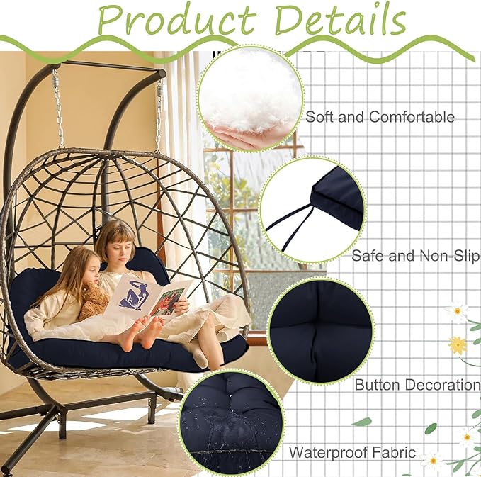 Swing Replacement Cushions with Backrest, 2 or 3 Seater Waterproof Non-Slip Overstuffed Swing Pad, Indoor/Outdoor Bench Cushion for Porch Chair Swing Garden Furniture (Navy Blue, 40 * 70.8in)