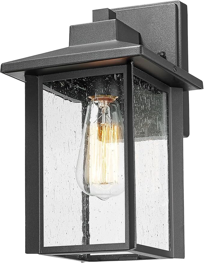 Bestshared Outdoor Wall Lights, Outside Sconce Light, Exterior Lighting Fixture, Outdoor Wall Lantern, Black Porch Lamp with Seeded Glass for Entryway, Garage (Black, 12.4" H)