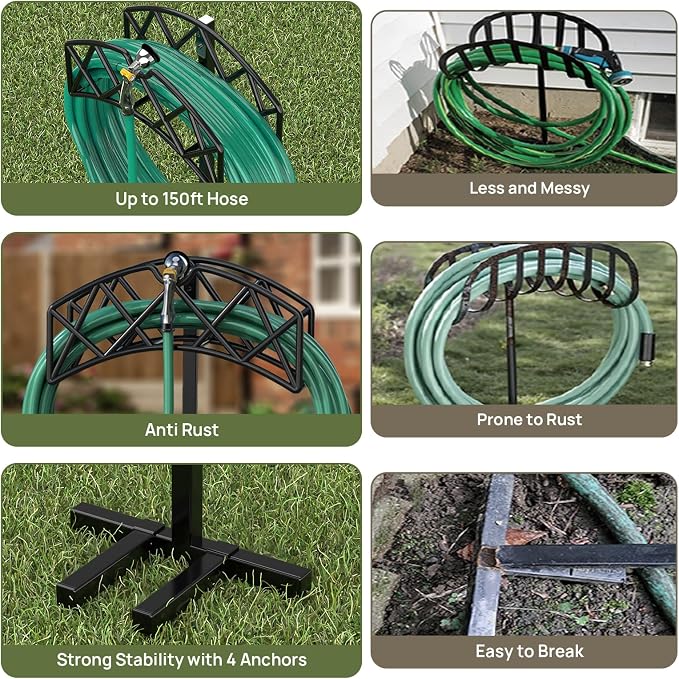 Winpull Garden Hose Holder Detachable Heavy Duty Metal Water Hose Hanger, Freestanding Hose Storage Stand Rack for Outside (Black)