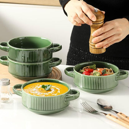 Soup Bowls with Handles, 23 oz French Onion Soup Crocks, Stackable Soup Bowl Oven Safe for Chili, Beef Stew, Embossment Ceramic Bowl Set - 5.4 Inch, Set of 4 (Green)