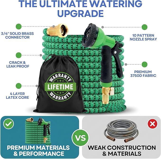 J&B XpandaHose 100ft Expandable Garden Hose – Ultra-Strong 3750D, 4-Layer Latex Core, Brass 3/4" Connectors, 10-Pattern Nozzle & Storage Bag – Lightweight, Kink-Reducing, Leak-Resistant