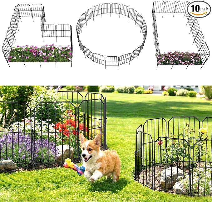 VANCASTLE Decorative Garden Fence, Toatal 10FT(L) x 24IN(H) Outdoor Metal No Dig Fence Animal Barrier, Rustproof No-Tool Assembly Landscape Edging for Yard, Lawn, Patio, Flower Bed-10 Panels Design A