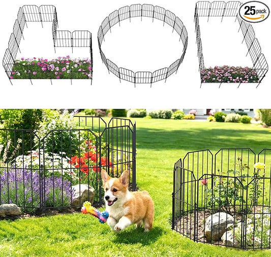 VANCASTLE Decorative Garden Fence, Toatal 25FT(L) x 24IN(H) Outdoor Metal No Dig Fence Animal Barrier, Rustproof No-Tool Assembly Landscape Edging for Yard, Lawn, Patio, Flower Bed-25 Panels Design A