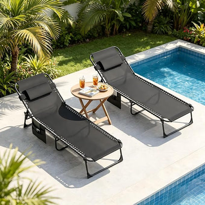 Outdoor Lounge Chair, Foldable Reclining Chaise Lounge with Detachable Pillow & Side Pocket, 4-Position Recliner Tanning Chair for Beach, Pool, Lawn, Backyard, Black, 2 Packs