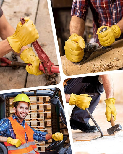 OZERO Leather Work Gloves: Mens Deerskin Gloves Soft Breathable Abrasion Resistant Gardening Firewood Glove - for Driving Riding Yardwork Ranch Farm Hunting Garage DIY for Men & Women (Gold,XL)