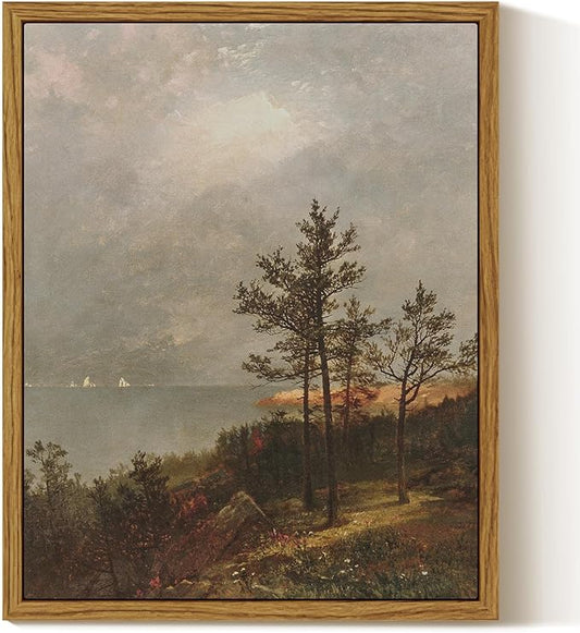 InSimSea Framed Canvas Wall Art, Vintage Lakeside Landscape Painting, Rustic Nature Scenery Decor for Living Room Shelf Hallway,10x8in, Neutral Tones