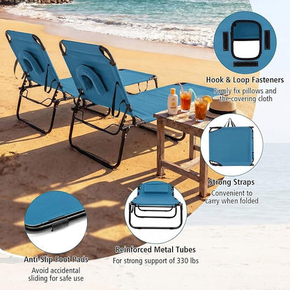 GYMAX Tanning Chair, 330lbs Beach Lounge Chair with Face Hole, Washable Pillow & Carry Strap, Adjustable Folding Chaise Lounge, Layout Lounger for Outside, Patio, Poolside, Lawn (2, Blue)